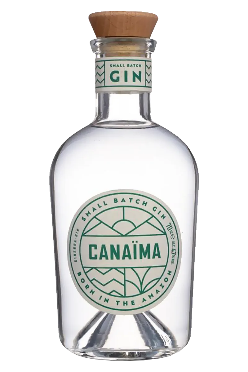 Garrafa de Canaïma Gin com rolha de madeira e rótulo circular