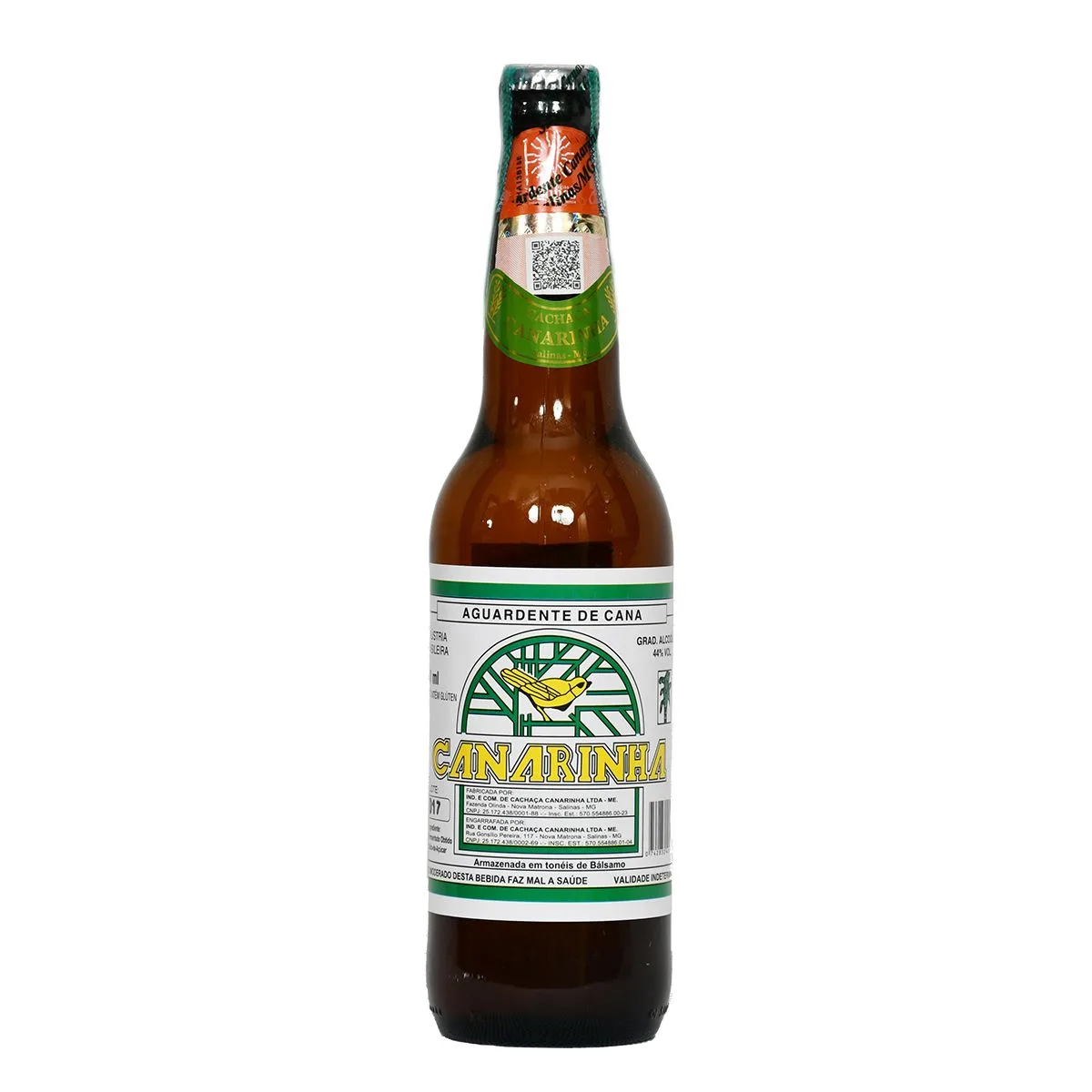 Garrafa de Cachaça Canarinha, rótulo branco e verde com ilustração de um canário