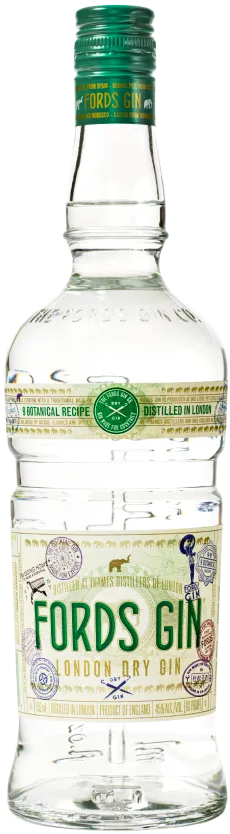 Garrafa de Fords Gin, London Dry com rótulo cheio de carimbos