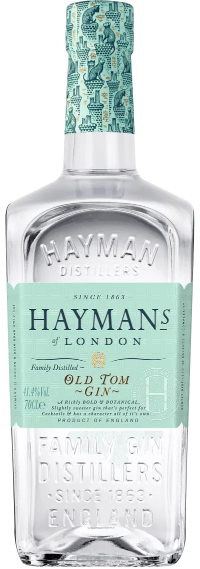 Garrafa de Hayman's Old Tom Gin com selo estampado de gatos e chaminés