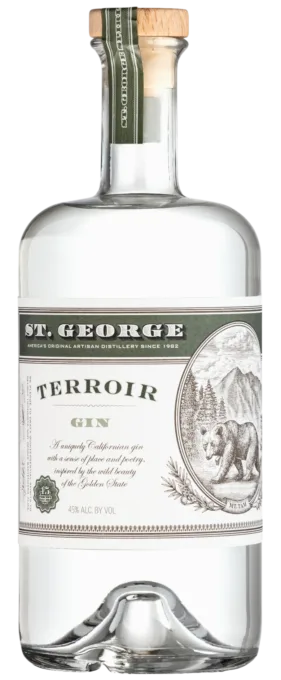 Garrafa de St. George Terroir Gin com ilustração de urso e montanha