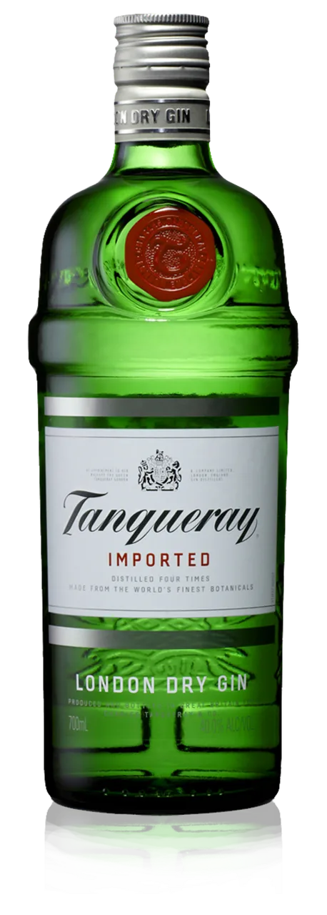 Garrafa verde de Tanqueray London Dry Gin com lacre vermelho