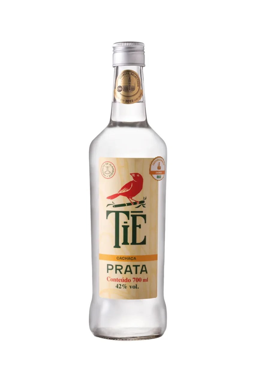 Garrafa de Cachaça Tiê Prata, rótulo bege com ilustração de um pássaro tiê-sangue